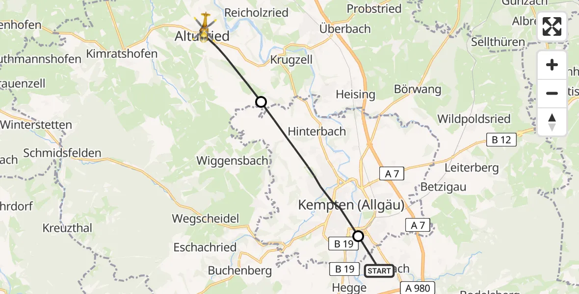 Flugroute Rettungshubschrauber Durach - Altusried, 17 Juni 2026, 14:11