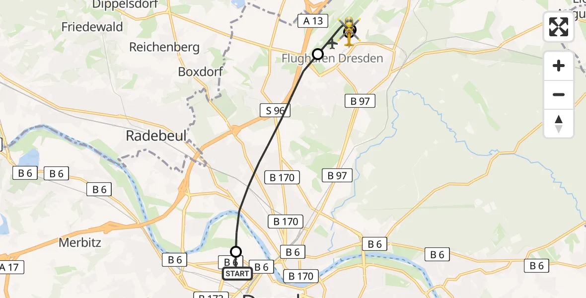 Flugroute Rettungshubschrauber Dresden Friedrichstadt Hospital - Dresden Flughafen, 17 Juni 2026, 14:12