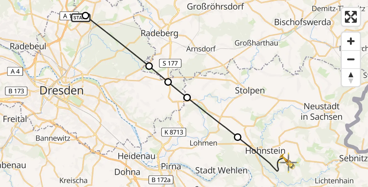 Flugroute Rettungshubschrauber Dresden Bundespolizei Hubschrauberlandeplatz - Hohnstein, 17 Juni 2026, 14:20