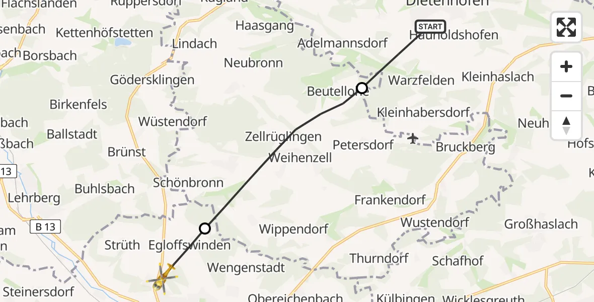 Flugroute Rettungshubschrauber Dietenhofen - Ansbach, 17 Juni 2026, 14:21