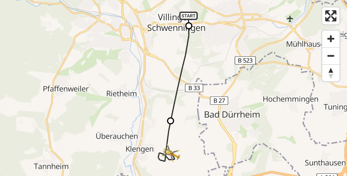 Flugroute Ambulanzhubschrauber DRF Air Rescue Station Villingen-Schwenningen Hubschrauberlandeplatz (Christoph 11) - Brigachtal, 17 Juni 2026, 14:22