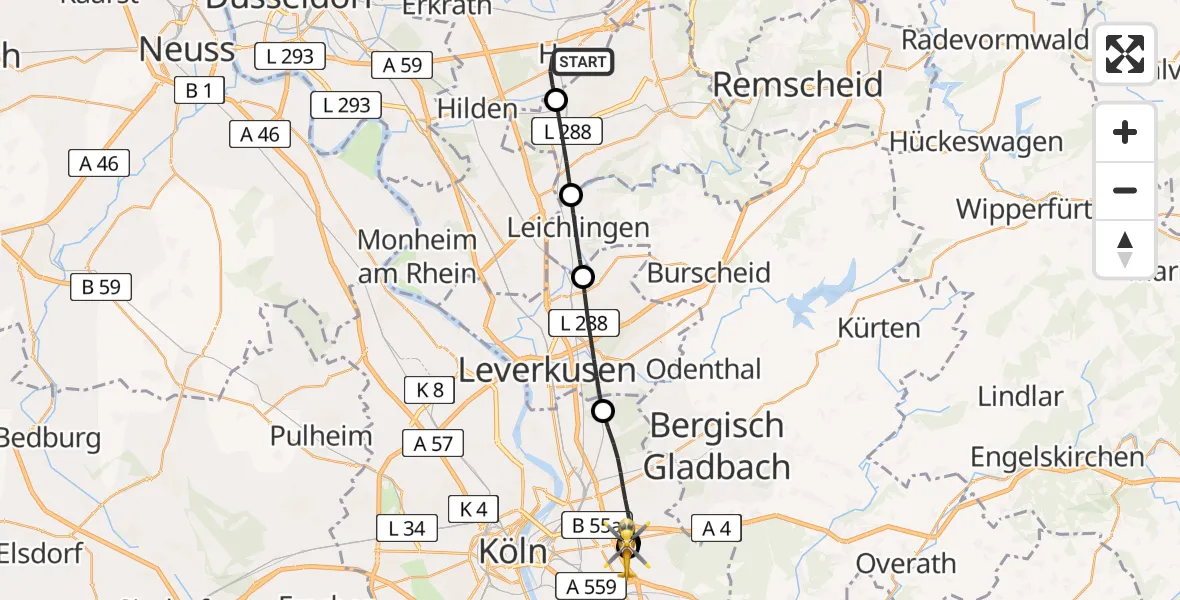 Flugroute Rettungshubschrauber Haan - Merheim Hospital, 17 Juni 2026, 14:24