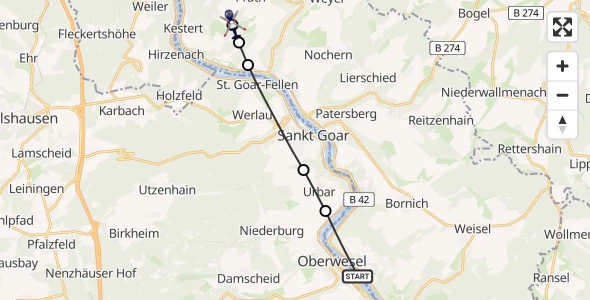 Flugroute Polizeihubschrauber Kaub - Kestert, 17 Juni 2026, 14:24