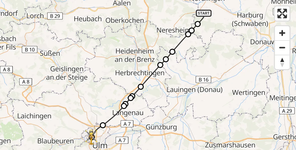 Flugroute Rettungshubschrauber Ederheim - Ulm Military Hospital Emergency Hubschrauberlandeplatz, 17 Juni 2026, 14:26