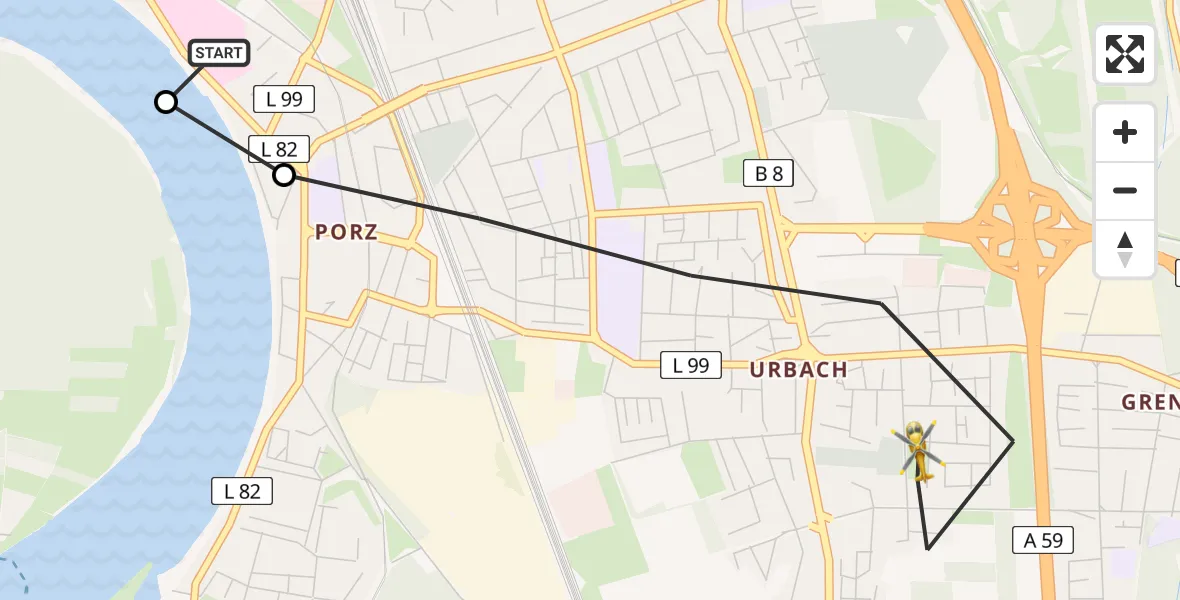 Flugroute Rettungshubschrauber Porz am Rhein Hospital - Köln, 17 Juni 2026, 14:27