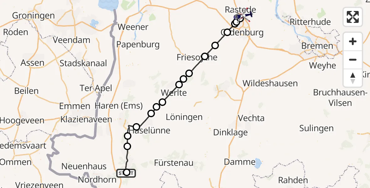 Flugroute Polizeihubschrauber Emsbüren - Rastede, 17 Juni 2026, 14:27
