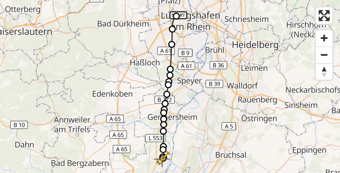 Flugroute Rettungshubschrauber Ludwigshafen Accident Hospital - Neupotz, 17 Juni 2026, 14:28
