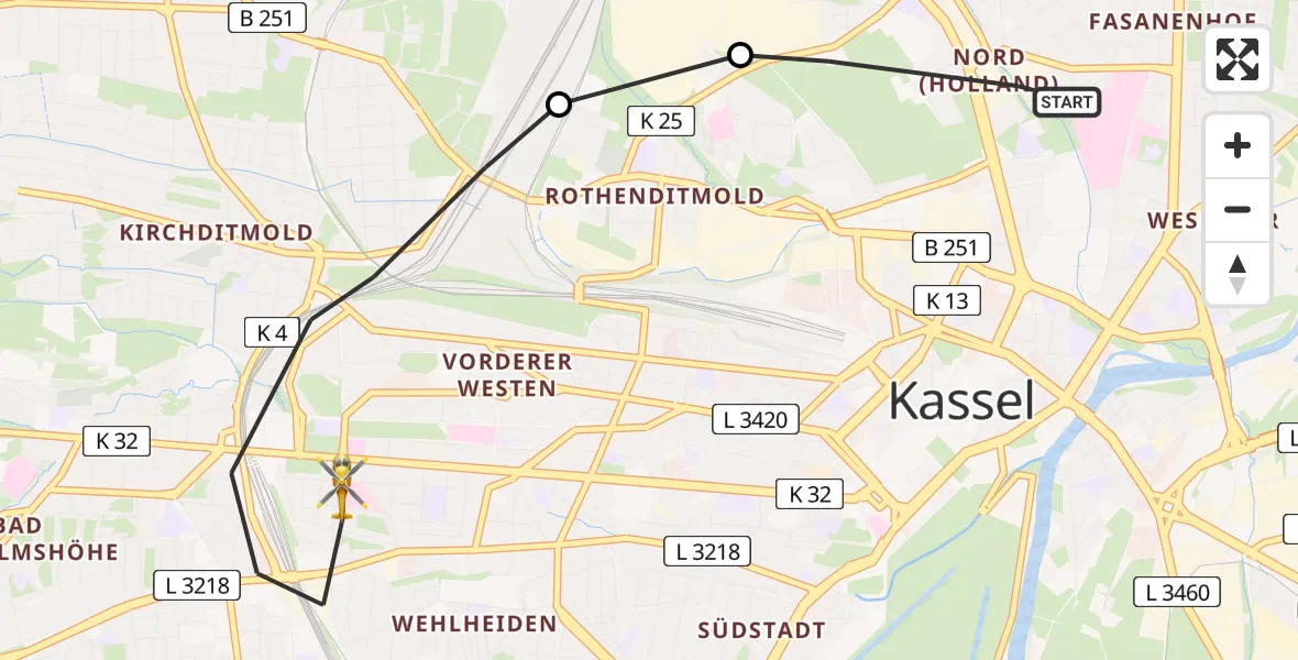 Flugroute Rettungshubschrauber Kassel - Kassel, 17 Juni 2026, 14:31