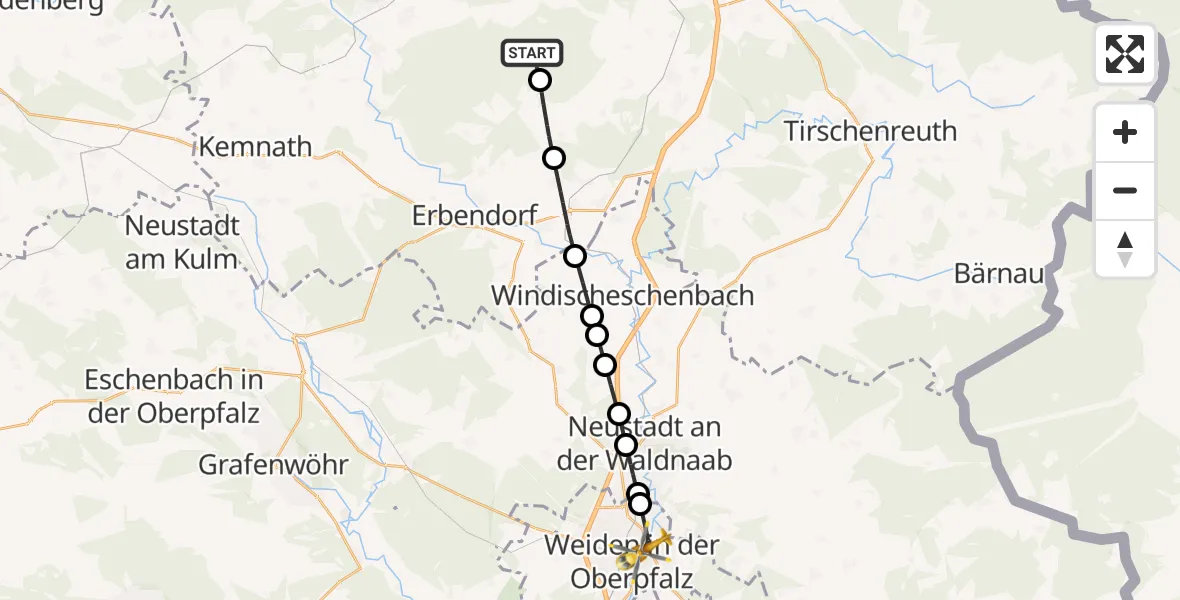 Flugroute Rettungshubschrauber Waldershof - Weiden Hospital Hubschrauberlandeplatz, 17 Juni 2026, 14:38