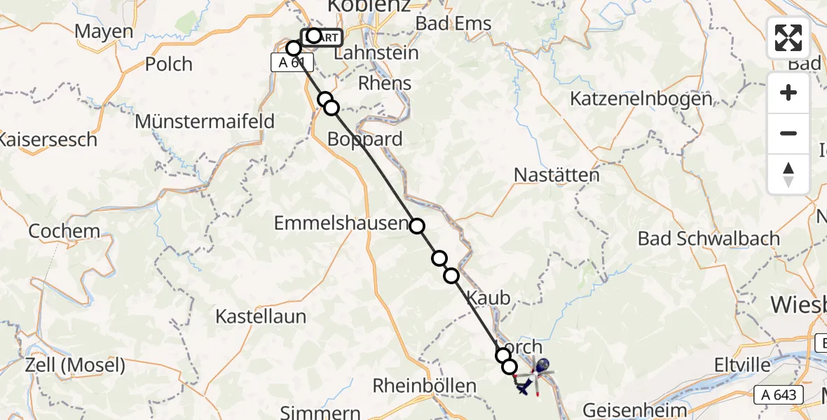 Flugroute Polizeihubschrauber Koblenz-Winningen Flugplatz - Trechtingshausen, 17 Juni 2026, 14:41