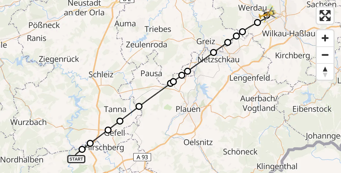 Flugroute Rettungshubschrauber Issigau - ADAC Air Rescue Station Zwickau Hubschrauberlandeplatz, 17 Juni 2026, 14:43