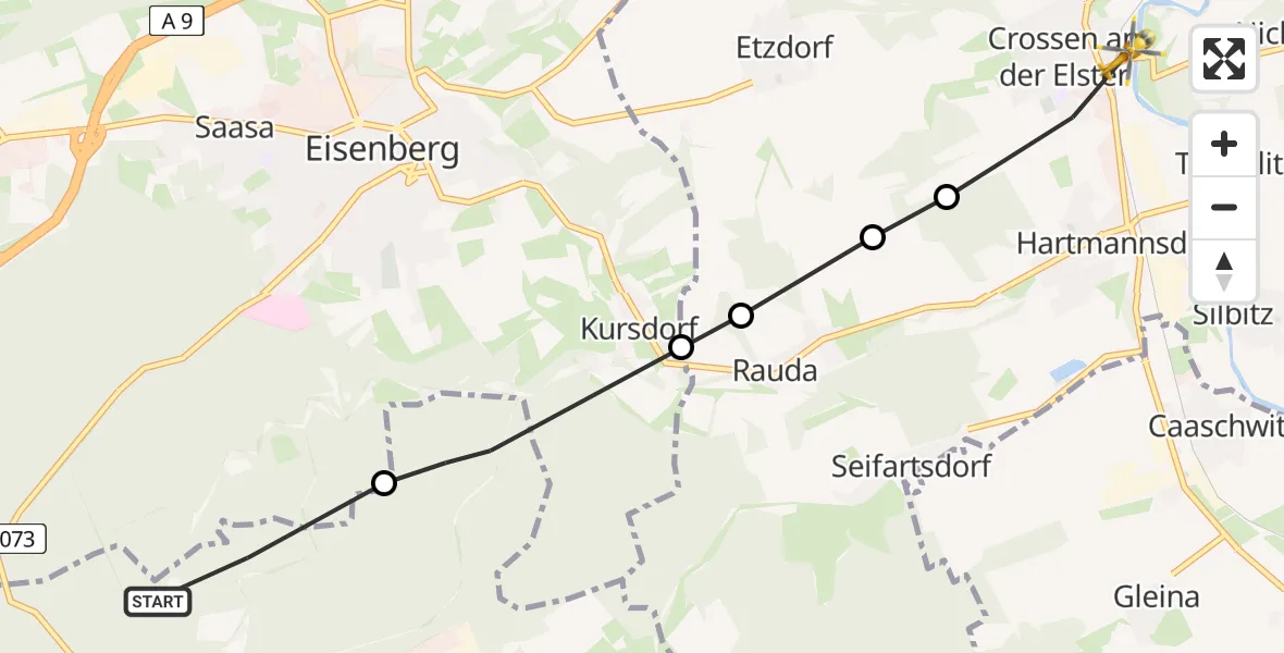 Flugroute Rettungshubschrauber Weißenborn - Crossen an der Elster, 17 Juni 2026, 14:45