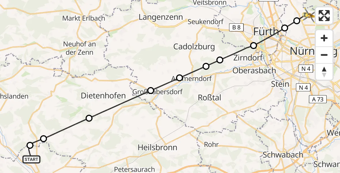 Flugroute Rettungshubschrauber Ansbach - Flughafen Nuremberg, 17 Juni 2026, 14:50