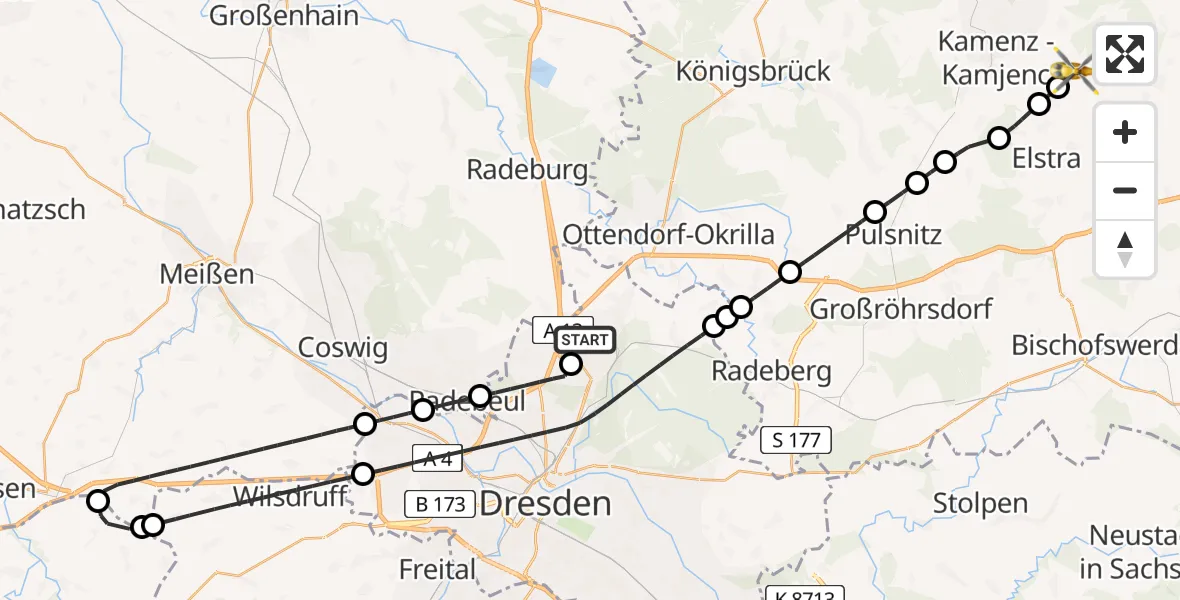 Flugroute Rettungshubschrauber Dresden Flughafen - Nebelschütz, 17 Juni 2026, 14:50
