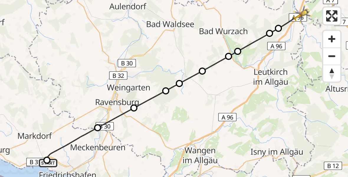 Flugroute Rettungshubschrauber Friedrichshafen Hospital - Aitrach, 17 Juni 2026, 14:54