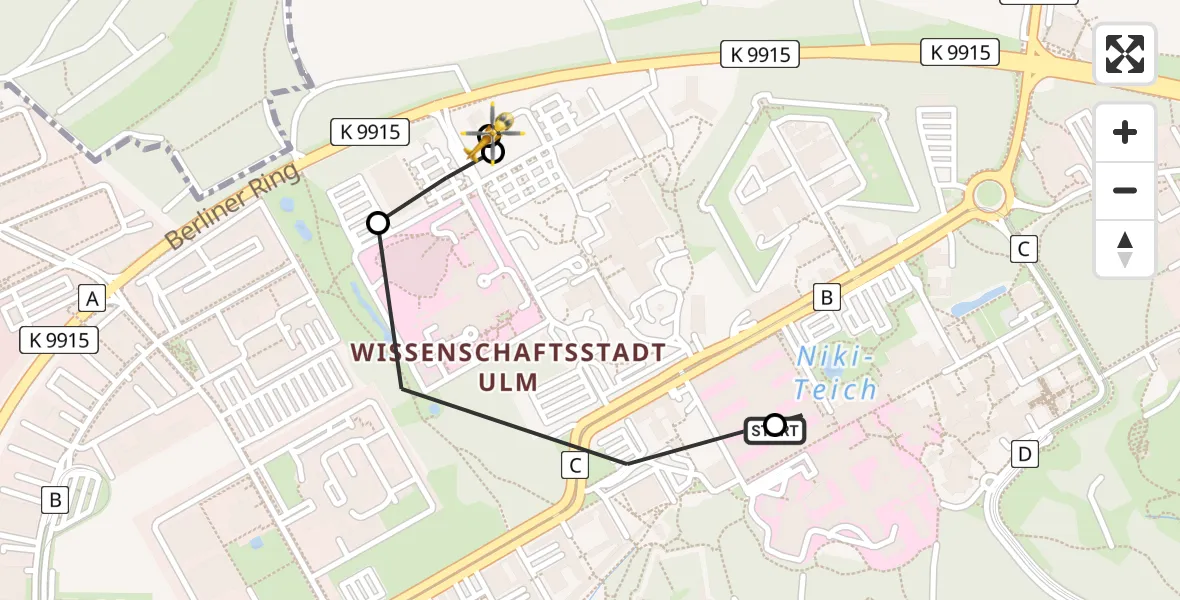 Flugroute Rettungshubschrauber Ulm Military Hospital Emergency - ADAC Air Rescue Station Ulm (Christoph 22), 17 Juni 2026, 15:06