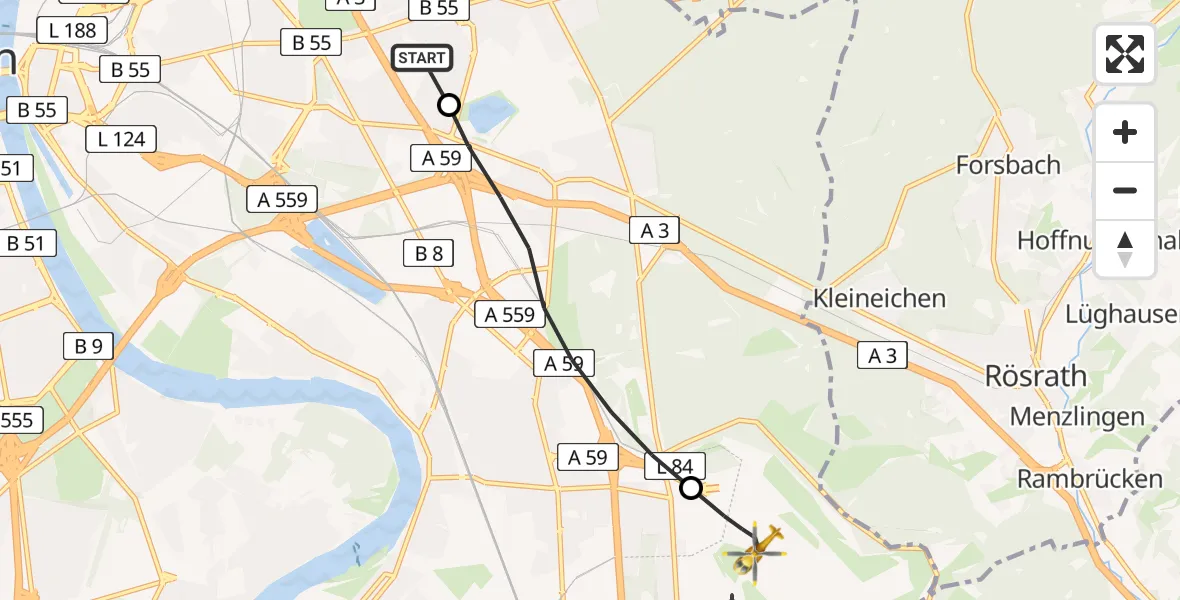 Flugroute Rettungshubschrauber Merheim Hospital - Köln Bonn Flughafen, 17 Juni 2026, 15:07