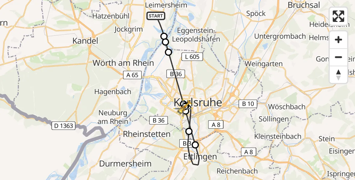 Flugroute Rettungshubschrauber Neupotz - Sankt Vincentius Hospital, 17 Juni 2026, 15:10