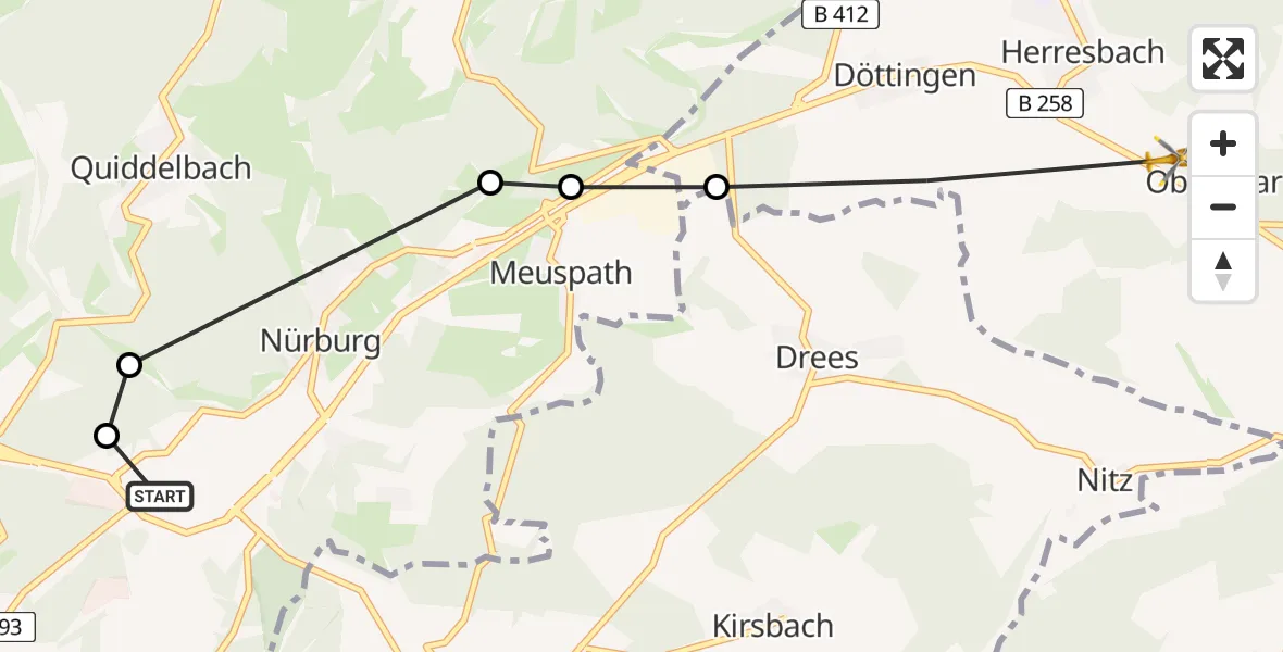 Flugroute Ambulanzhubschrauber Nürburgring Hubschrauberlandeplatz - Baar, 17 Juni 2026, 15:10