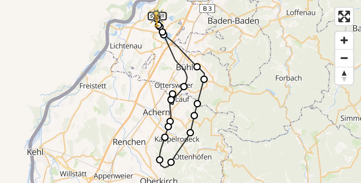 Flugroute Rettungshubschrauber Karlsruhe Baden-Baden Flughafen - Rheinmünster, 17 Juni 2026, 15:12