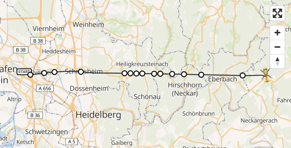 Flugroute Rettungshubschrauber Mannheim-City Flughafen - Waldbrunn, 17 Juni 2026, 15:12