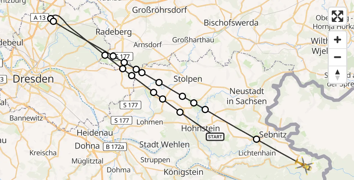 Flugroute Rettungshubschrauber Hohnstein - Sebnitz, 17 Juni 2026, 15:16