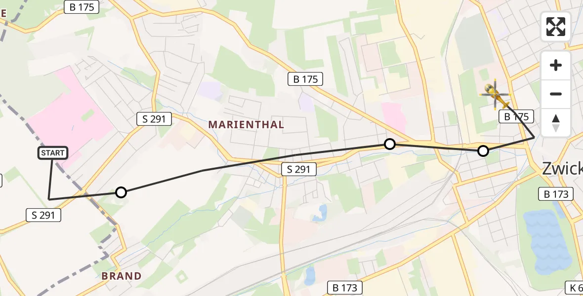 Flugroute Rettungshubschrauber ADAC Air Rescue Station Zwickau Hubschrauberlandeplatz - Zwickau, 17 Juni 2026, 15:20