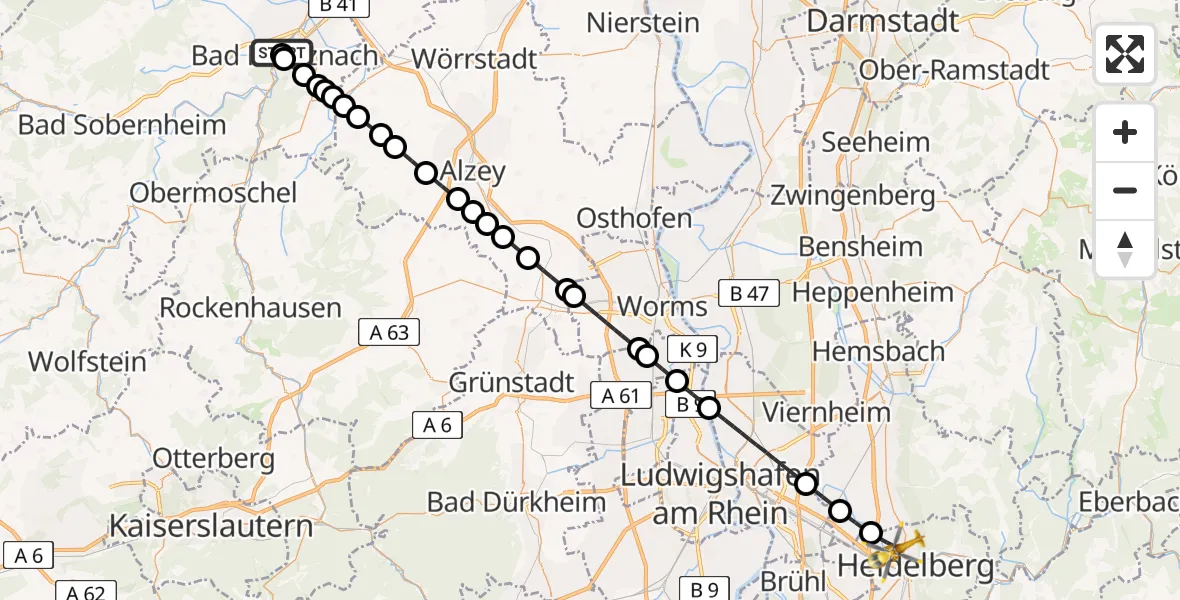 Flugroute Rettungshubschrauber Sankt Marienworth Hospital - Heidelberg, 17 Juni 2026, 15:23