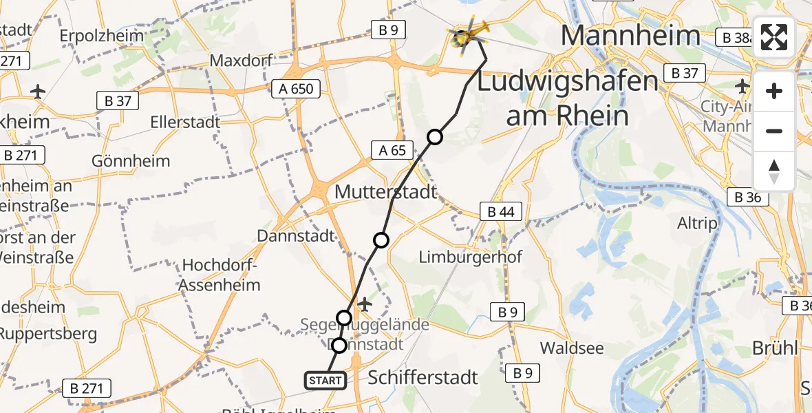 Flugroute Rettungshubschrauber Böhl-Iggelheim - Ludwigshafen Accident Hospital Hubschrauberlandeplatz, 17 Juni 2026, 15:32