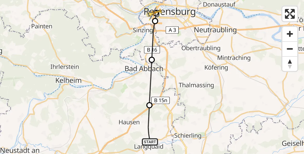 Flugroute Rettungshubschrauber Langquaid - Barmherzige Brüder (Brothers of Mercy) Hospital Regensburg, 17 Juni 2026, 15:33