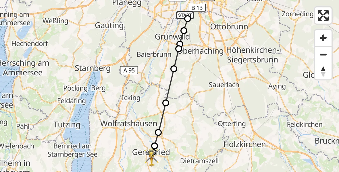 Flugroute Rettungshubschrauber ADAC Air Rescue Center Hubschrauberlandeplatz (Christoph 1) - Geretsried, 17 Juni 2026, 15:39