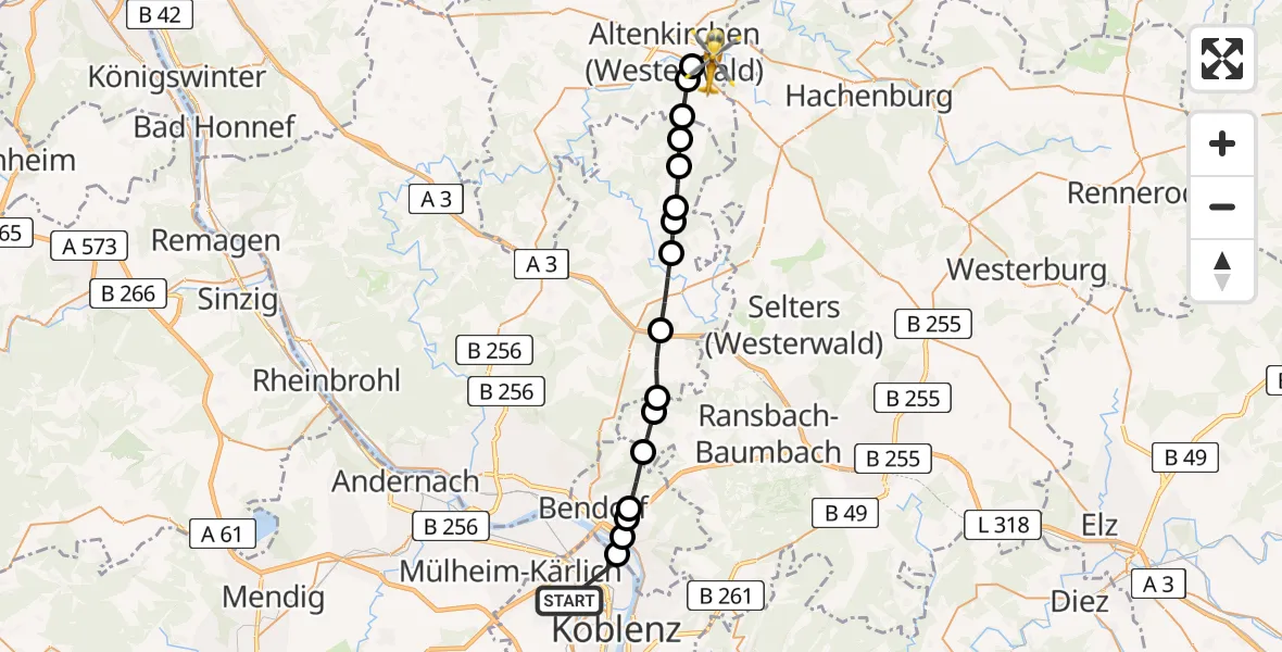 Flugroute Rettungshubschrauber Koblenz - Michelbach (Westerwald), 17 Juni 2026, 15:43