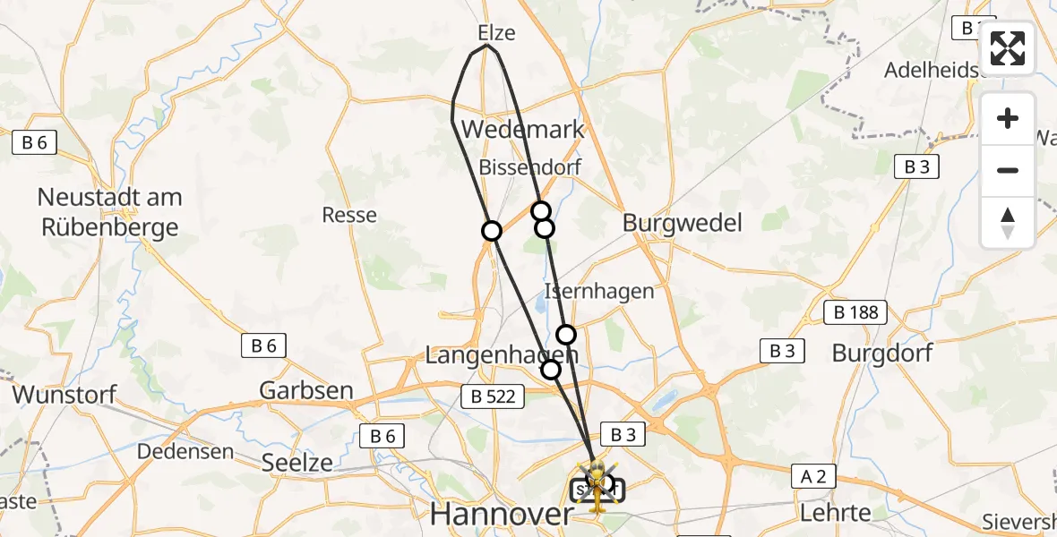 Flugroute Rettungshubschrauber Hannover Luftrettung Hubschrauberlandeplatz (Christoph 4) - Hannover Luftrettung Hubschrauberlandeplatz (Christoph 4), 17 Juni 2026, 15:44