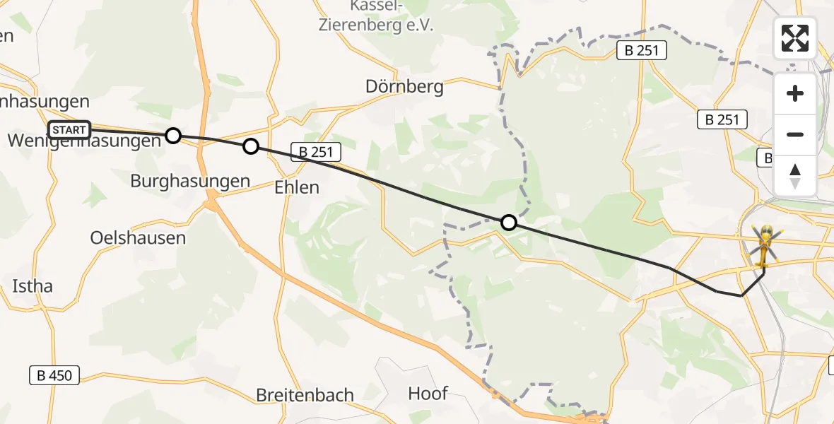 Flugroute Rettungshubschrauber Wolfhagen - Kassel, 17 Juni 2026, 15:45