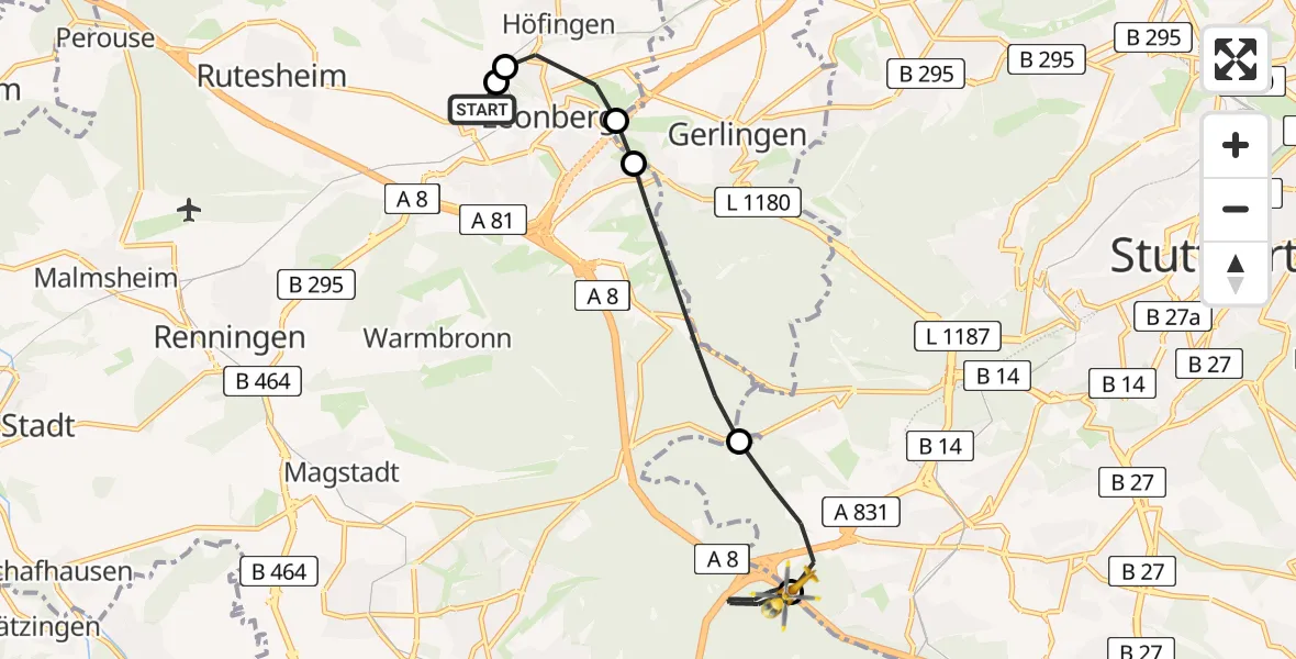 Flugroute Rettungshubschrauber Leonberg Hospital - Sindelfingen, 17 Juni 2026, 15:46