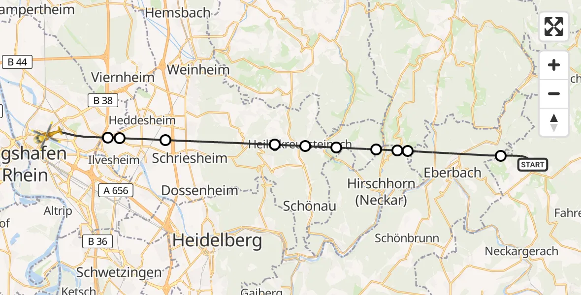 Flugroute Rettungshubschrauber Waldbrunn - Mannheim, 17 Juni 2026, 15:57