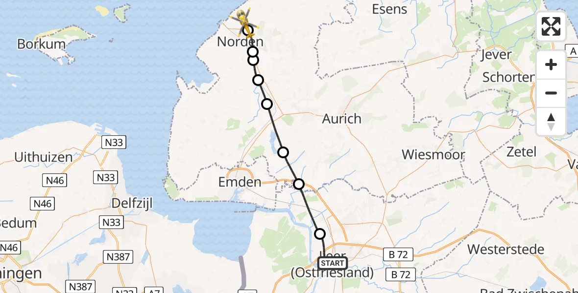 Flugroute Ambulanzhubschrauber Leer (Ostfriesland) - Norden, 17 Juni 2026, 15:59