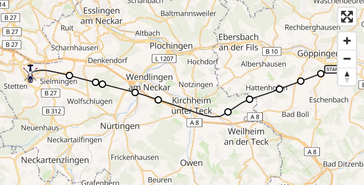 Flugroute Polizeihubschrauber Göppingen - Flughafen Stuttgart, 17 Juni 2026, 16:04