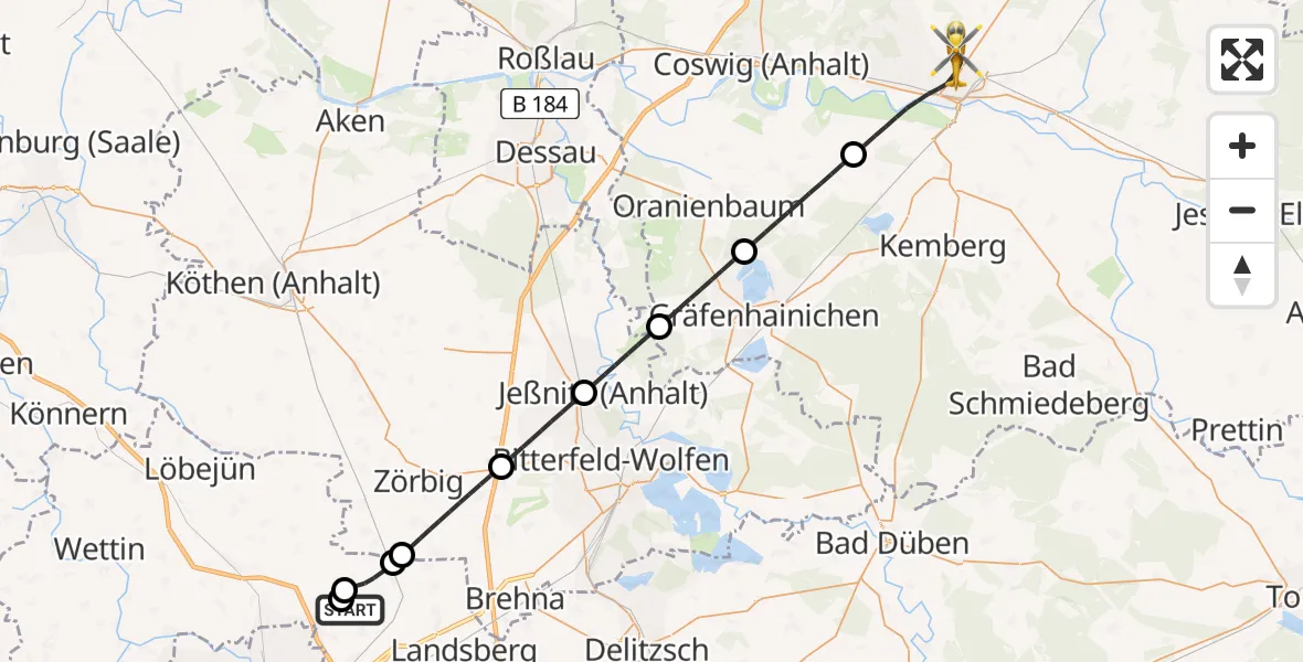 Flugroute Rettungshubschrauber Halle-Oppin Flugplatz - Wittenberg, 17 Juni 2026, 16:07