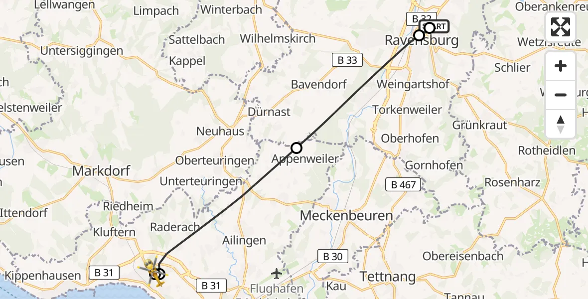 Flugroute Rettungshubschrauber Sankt Elisabeth Hospital - Friedrichshafen Hospital, 17 Juni 2026, 16:08