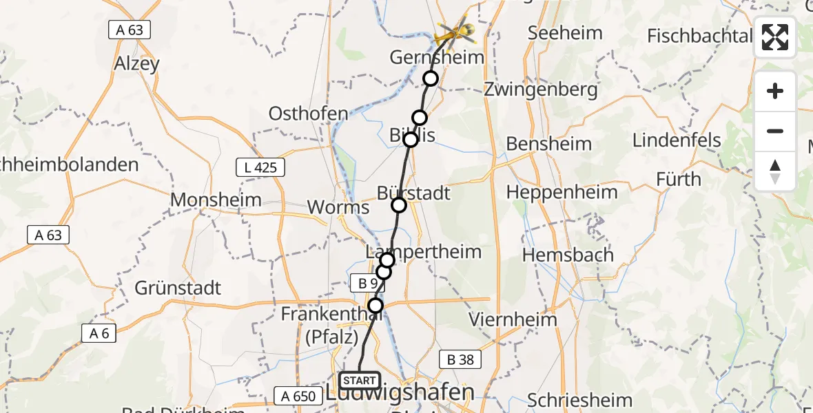 Flugroute Rettungshubschrauber Ludwigshafen am Rhein - Gernsheim, 17 Juni 2026, 16:08