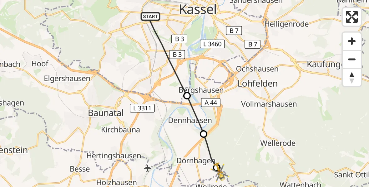 Flugroute Rettungshubschrauber Kassel - Guxhagen, 17 Juni 2026, 16:09