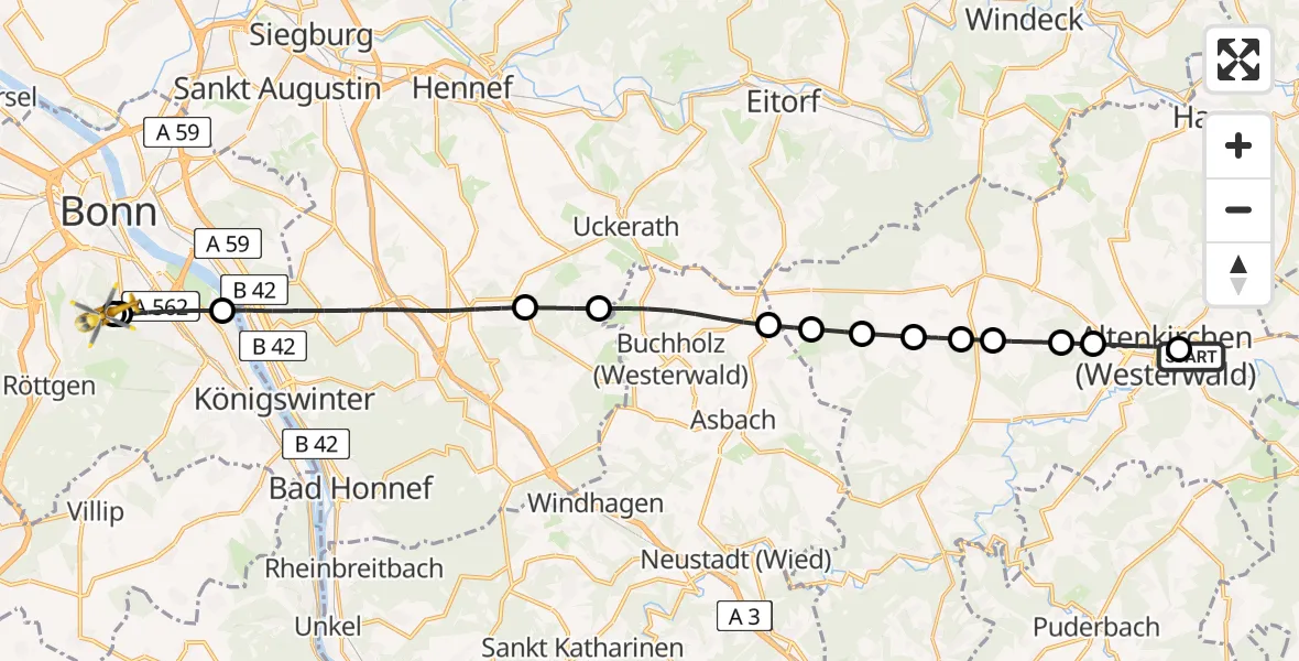 Flugroute Rettungshubschrauber Michelbach (Westerwald) - Bonn University Hospital, 17 Juni 2026, 16:12