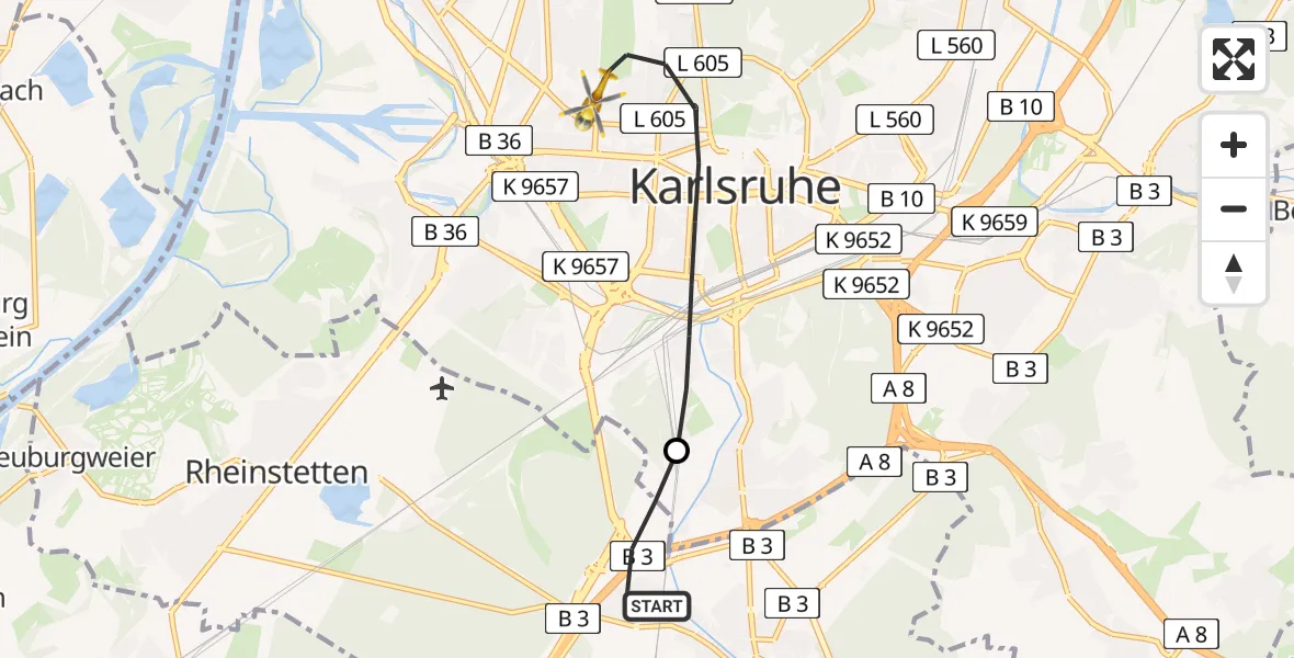 Flugroute Rettungshubschrauber Ettlingen - Karlsruhe, 17 Juni 2026, 16:18