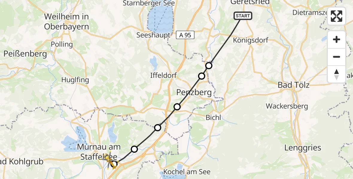 Flugroute Rettungshubschrauber Königsdorf - Murnau a.Staffelsee, 17 Juni 2026, 16:18