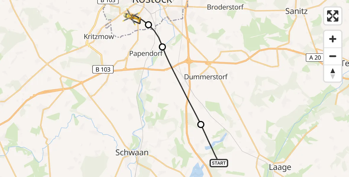 Flugroute Rettungshubschrauber Dolgen am See - Rostock, 17 Juni 2026, 16:24