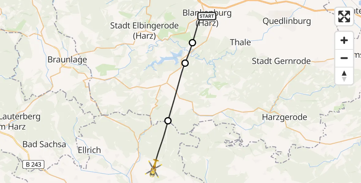 Flugroute Rettungshubschrauber Blankenburg (Harz) - Harztor, 17 Juni 2026, 16:24
