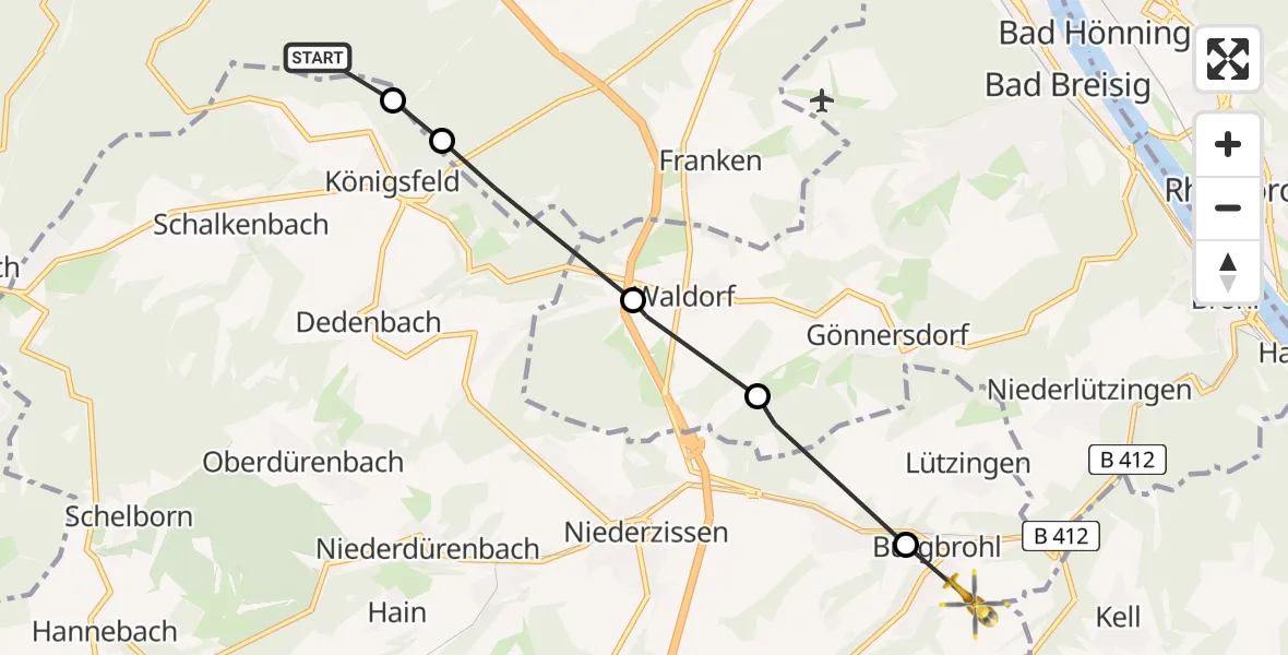 Flugroute Ambulanzhubschrauber Sinzig - Burgbrohl, 17 Juni 2026, 16:30
