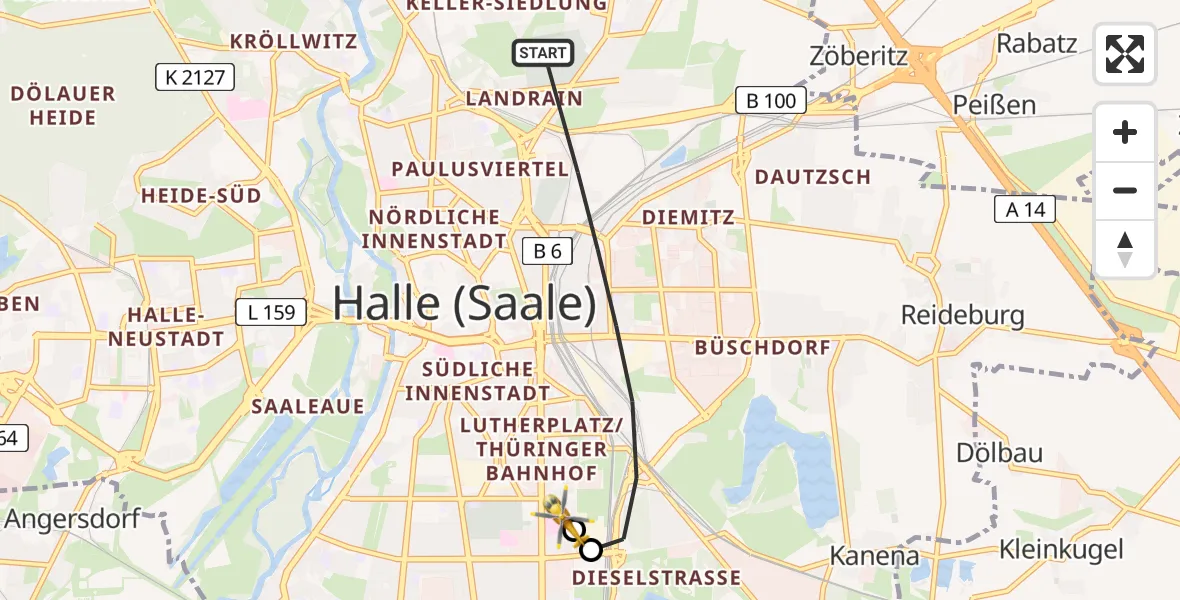 Flugroute Rettungshubschrauber Halle (Saale) - BG Hospital Bergmannstrost Halle, 17 Juni 2026, 16:45