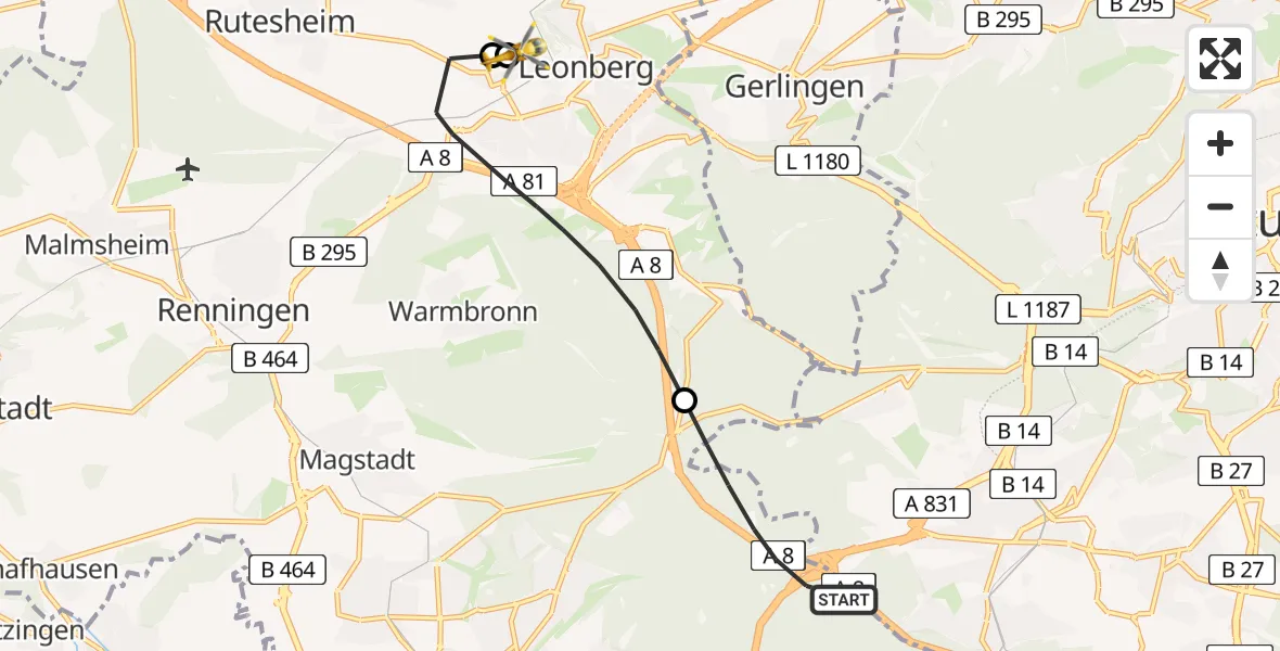 Flugroute Rettungshubschrauber Sindelfingen - Leonberg Hospital, 17 Juni 2026, 16:46